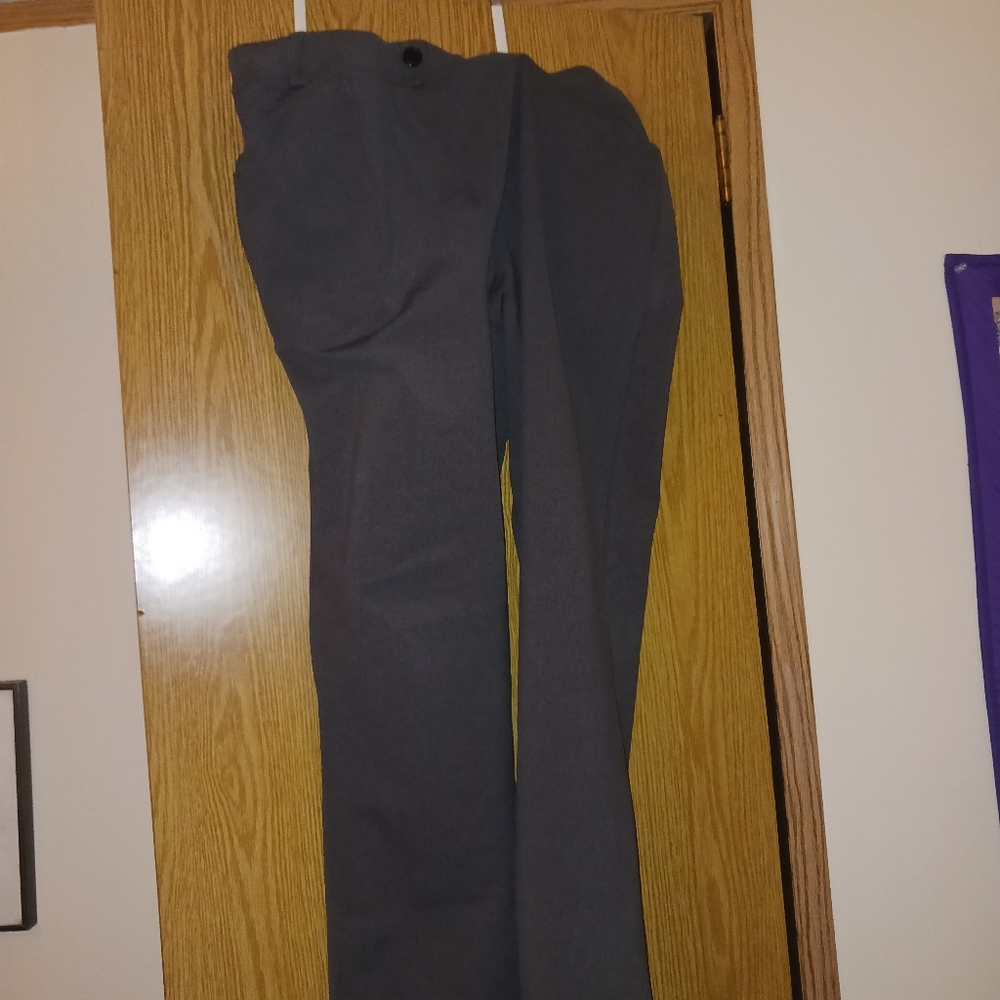 Gray dress slacks with spandex.